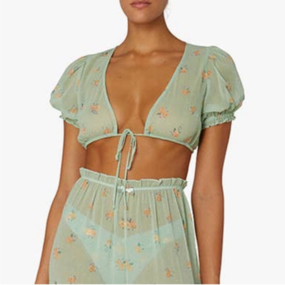 🆕 WeWoreWhat Sea Green Floral Puff Sleeve Tie Front Crop Top XL